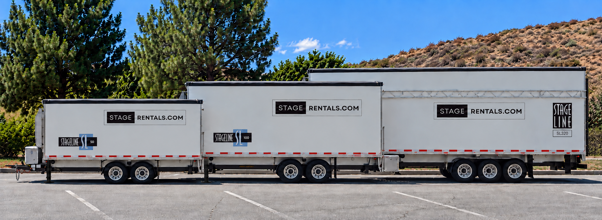 StageRentals.com SL50, SL100, and SL320 mobile stages together